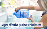 Person pouring acid blue balance product into a pool, with text 'Super effective pool water balance'.